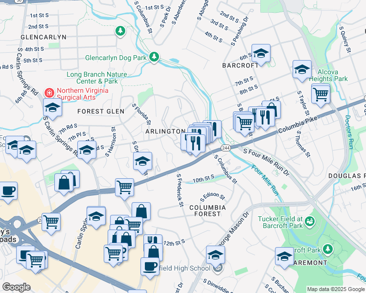 map of restaurants, bars, coffee shops, grocery stores, and more near 5110 8th Road South in Arlington