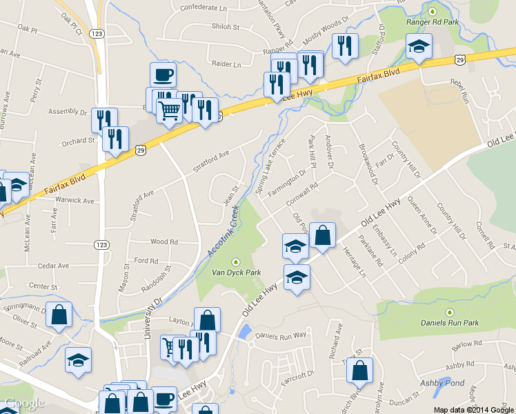 map of restaurants, bars, coffee shops, grocery stores, and more near 3411 Spring Lake Terrace in Fairfax