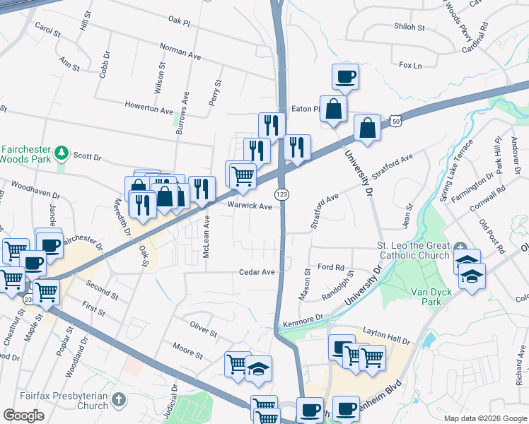 map of restaurants, bars, coffee shops, grocery stores, and more near 10507 Warwick Avenue in Fairfax