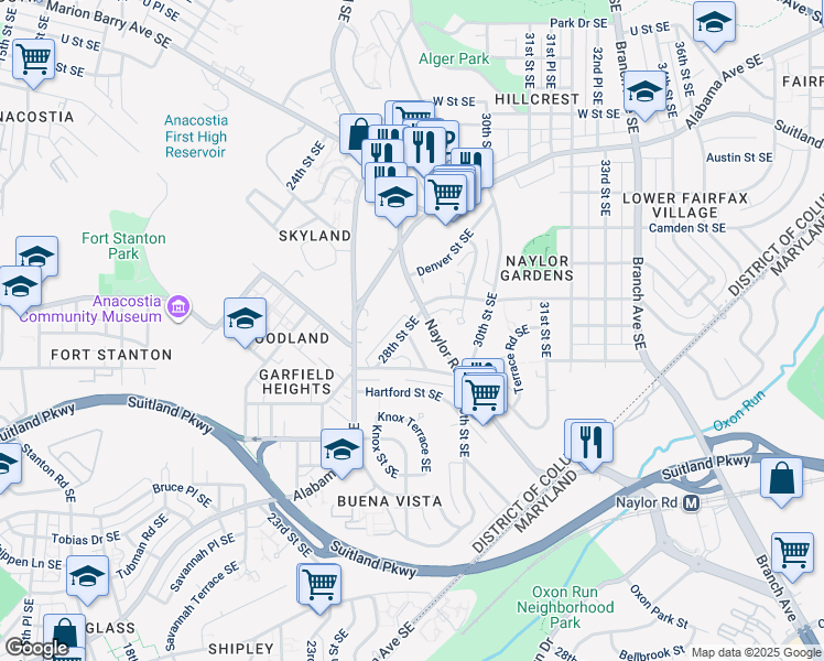 map of restaurants, bars, coffee shops, grocery stores, and more near 2800 Buena Vista Terrace Southeast in Washington