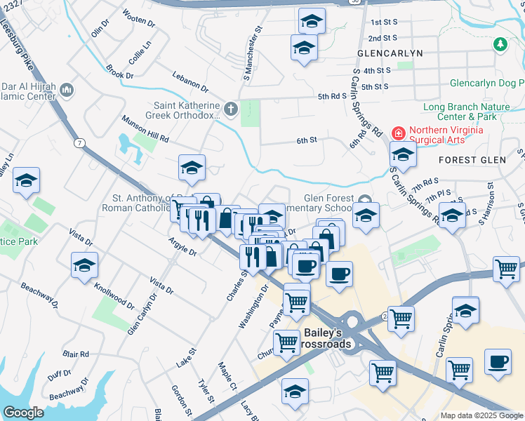 map of restaurants, bars, coffee shops, grocery stores, and more near 3321 Pensa Drive in Falls Church