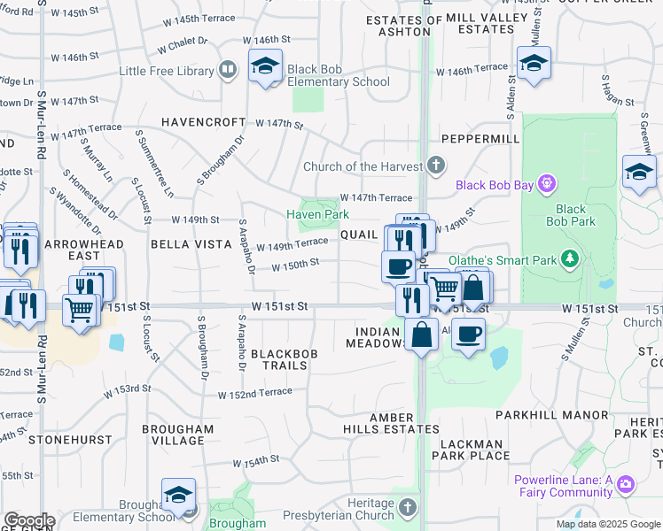 map of restaurants, bars, coffee shops, grocery stores, and more near 15633 West 150th Street in Olathe