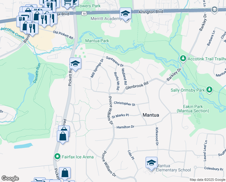 map of restaurants, bars, coffee shops, grocery stores, and more near 9214 Glenbrook Road in Fairfax