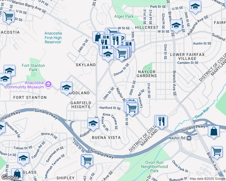 map of restaurants, bars, coffee shops, grocery stores, and more near 2800 Buena Vista Terrace Southeast in Washington