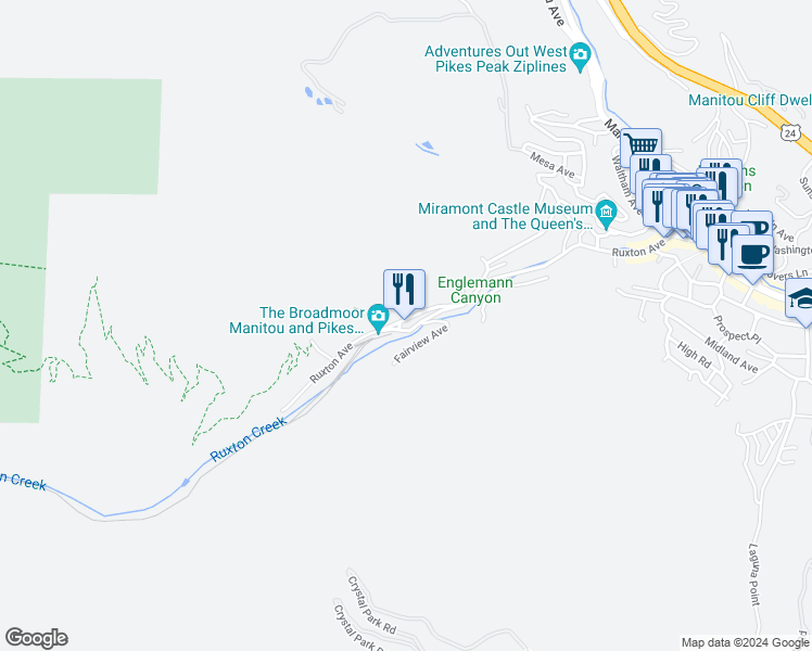map of restaurants, bars, coffee shops, grocery stores, and more near 444 Ruxton Avenue in Manitou Springs
