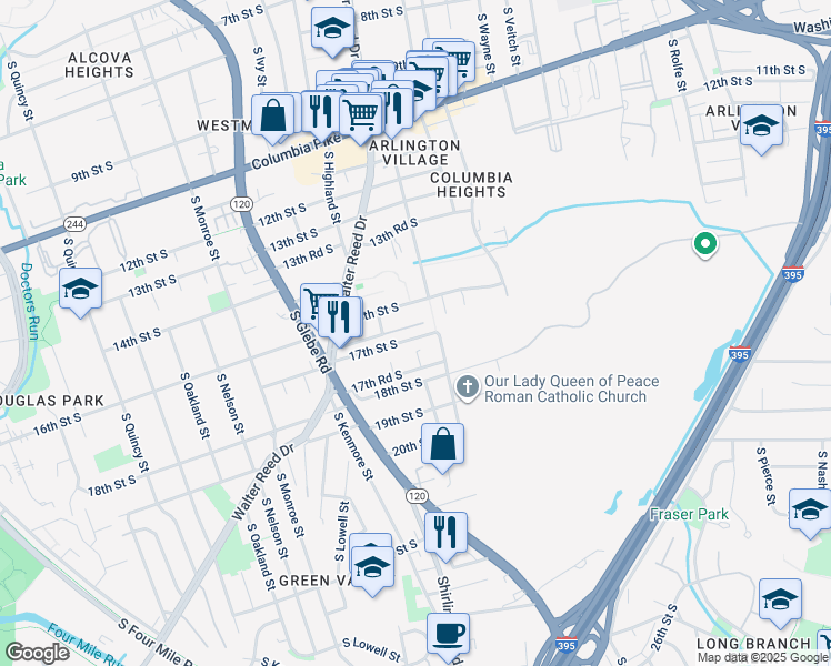 map of restaurants, bars, coffee shops, grocery stores, and more near 2816 16th Road South in Arlington