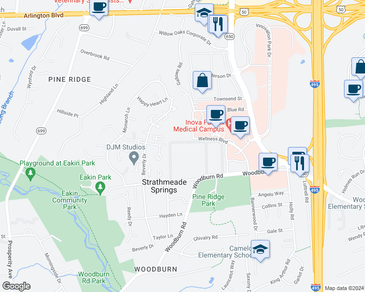 map of restaurants, bars, coffee shops, grocery stores, and more near 3312 Woodburn Village Drive in Annandale
