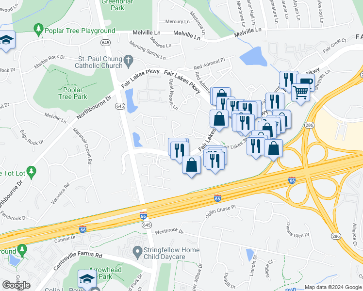 map of restaurants, bars, coffee shops, grocery stores, and more near 4443 Fair Stone Drive in Fairfax