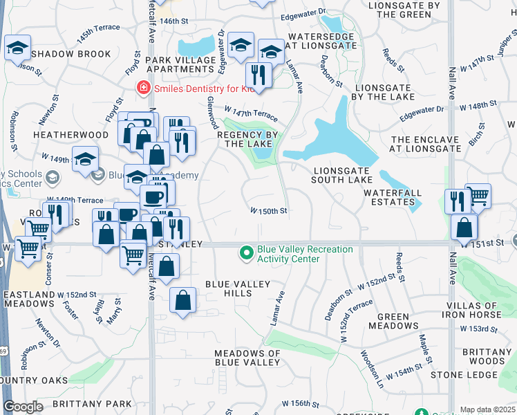 map of restaurants, bars, coffee shops, grocery stores, and more near 6403 West 150th Street in Overland Park
