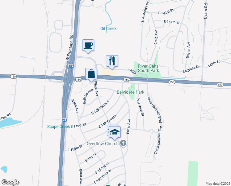 map of restaurants, bars, coffee shops, grocery stores, and more near 6404 East 149th Street in Grandview