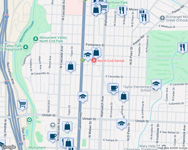 map of restaurants, bars, coffee shops, grocery stores, and more near 1601 North Weber Street in Colorado Springs