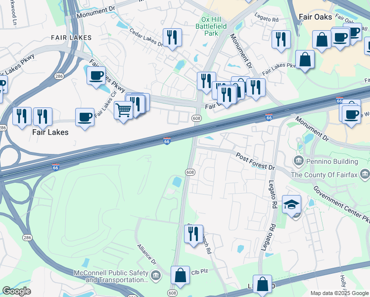 map of restaurants, bars, coffee shops, grocery stores, and more near 4500 West Ox Road in Fairfax