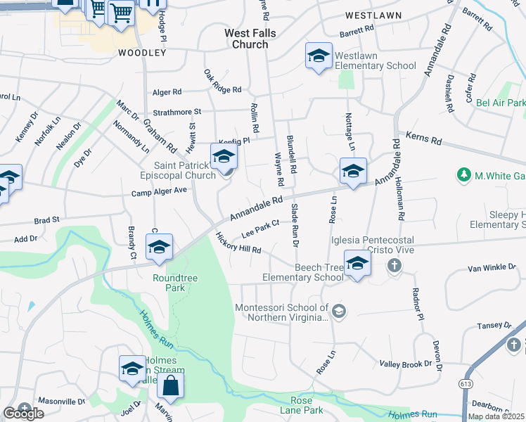 map of restaurants, bars, coffee shops, grocery stores, and more near 3275 Annandale Road in Falls Church