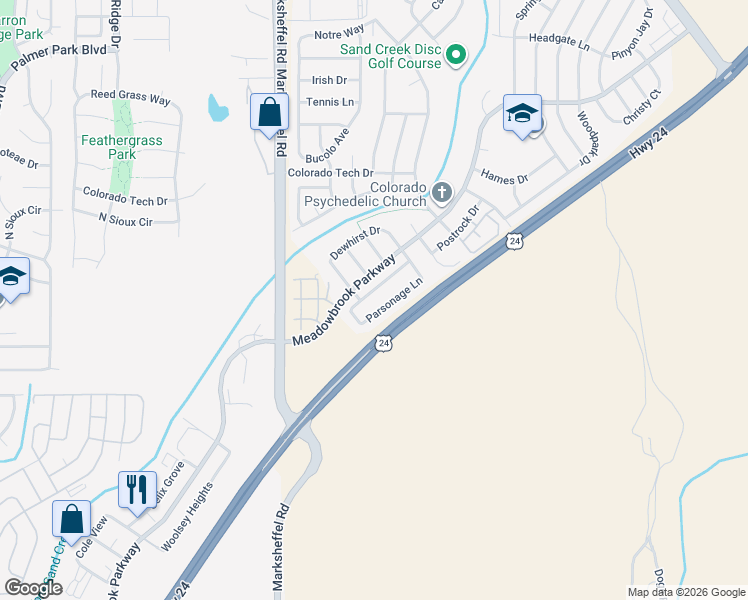 map of restaurants, bars, coffee shops, grocery stores, and more near 7917 Parsonage Lane in Colorado Springs