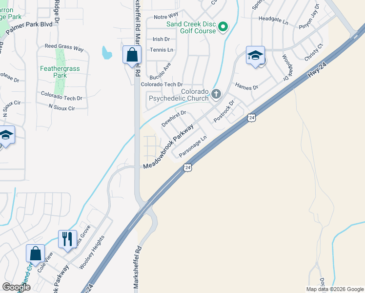map of restaurants, bars, coffee shops, grocery stores, and more near 7917 Parsonage Lane in Colorado Springs