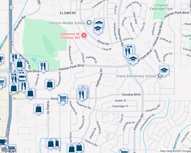 map of restaurants, bars, coffee shops, grocery stores, and more near 1588 Nokomis Drive in Colorado Springs