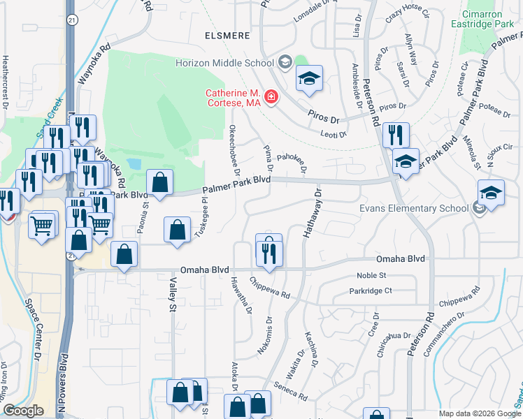 map of restaurants, bars, coffee shops, grocery stores, and more near 1645 Hiawatha Drive in Colorado Springs