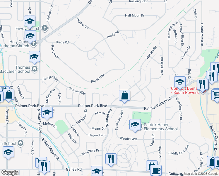 map of restaurants, bars, coffee shops, grocery stores, and more near 1622 Vasquez Circle in Colorado Springs
