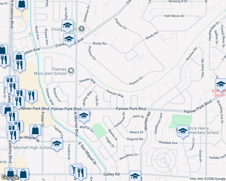map of restaurants, bars, coffee shops, grocery stores, and more near 1750 Sawyer Way in Colorado Springs