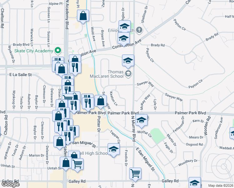 map of restaurants, bars, coffee shops, grocery stores, and more near 1545 Keaton Lane in Colorado Springs