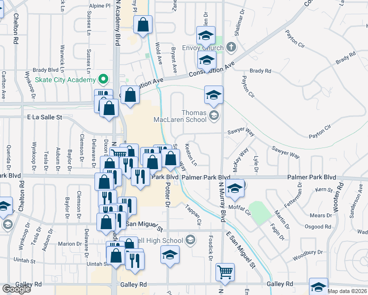 map of restaurants, bars, coffee shops, grocery stores, and more near 1630 Keaton Lane in Colorado Springs