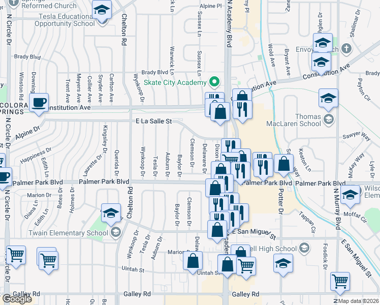 map of restaurants, bars, coffee shops, grocery stores, and more near 1623 Clemson Drive in Colorado Springs
