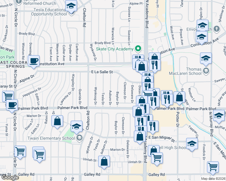 map of restaurants, bars, coffee shops, grocery stores, and more near 1610 Baylor Drive in Colorado Springs