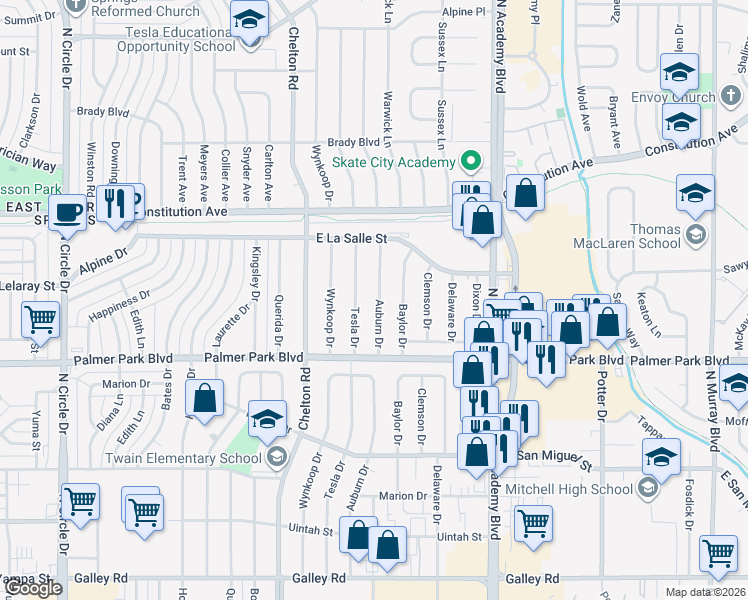 map of restaurants, bars, coffee shops, grocery stores, and more near 1607 Tesla Drive in Colorado Springs