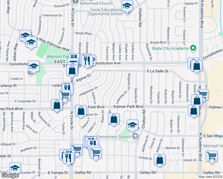 map of restaurants, bars, coffee shops, grocery stores, and more near 1609 Bates Drive in Colorado Springs