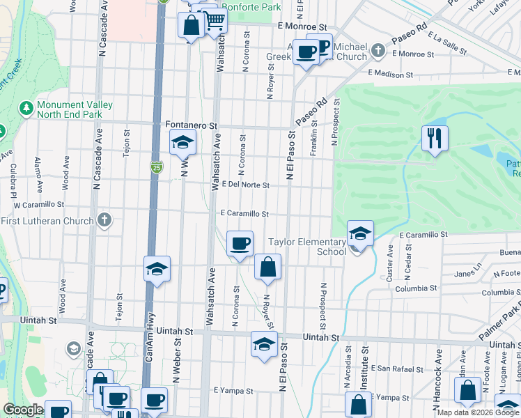 map of restaurants, bars, coffee shops, grocery stores, and more near 1532 North Royer Street in Colorado Springs