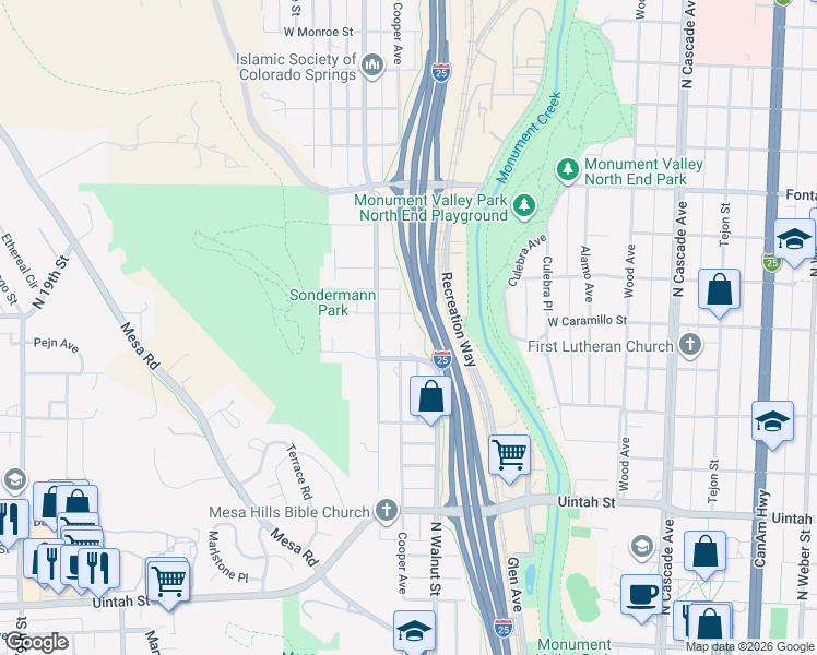 map of restaurants, bars, coffee shops, grocery stores, and more near 1520 Cooper Avenue in Colorado Springs