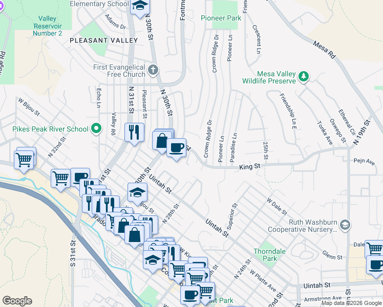map of restaurants, bars, coffee shops, grocery stores, and more near 536 Winnie Way in Colorado Springs