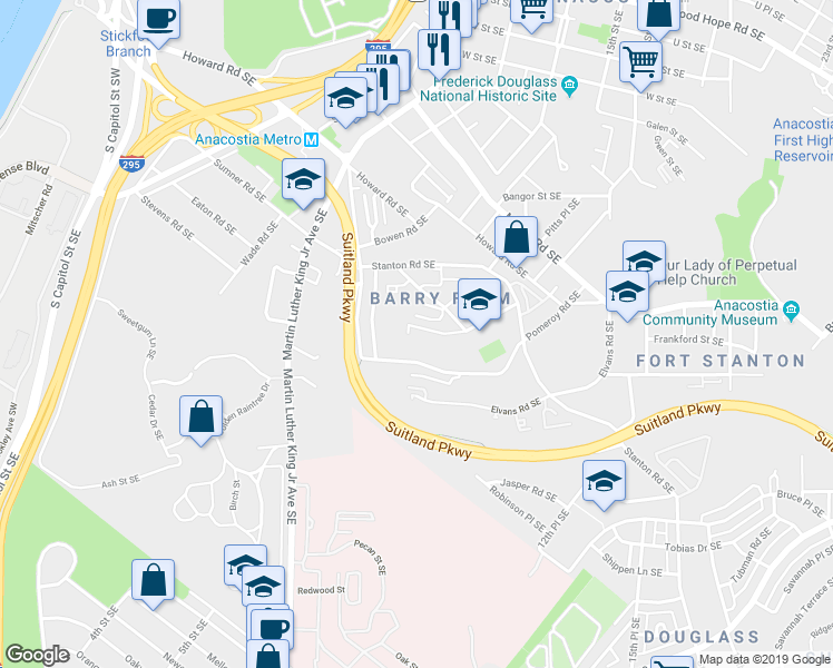 map of restaurants, bars, coffee shops, grocery stores, and more near 2700 Douglass Place Southeast in Washington