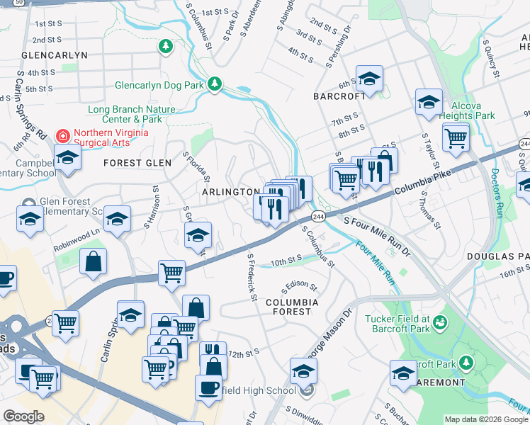 map of restaurants, bars, coffee shops, grocery stores, and more near 5017 Columbia Pike in Arlington