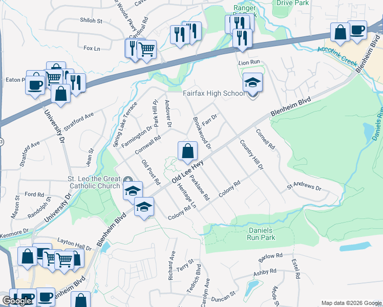 map of restaurants, bars, coffee shops, grocery stores, and more near 10006 Boxford Court in Fairfax