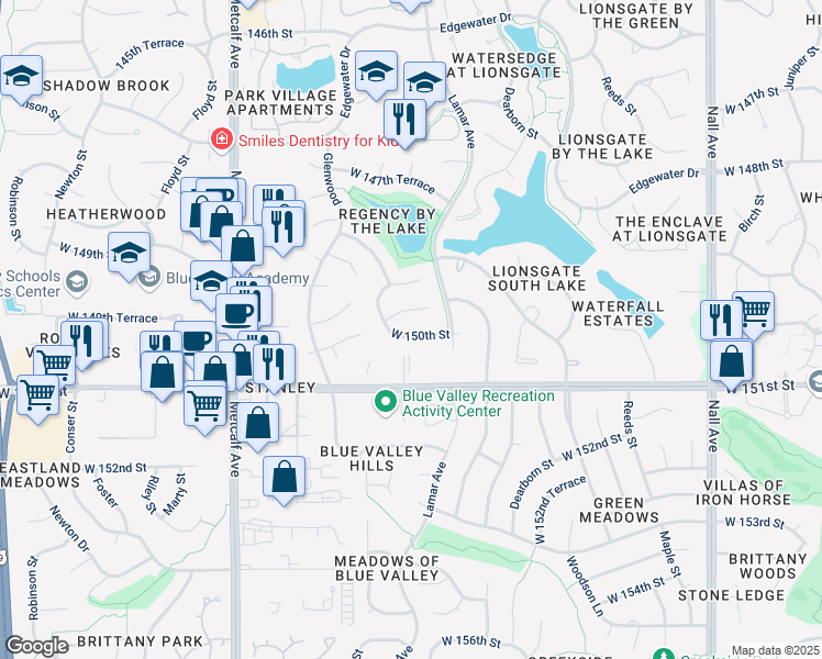 map of restaurants, bars, coffee shops, grocery stores, and more near 6403 West 150th Street in Overland Park