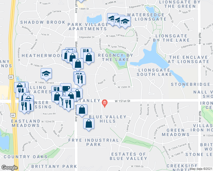 map of restaurants, bars, coffee shops, grocery stores, and more near 6627 West 150th Street in Overland Park