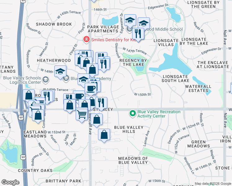 map of restaurants, bars, coffee shops, grocery stores, and more near 6627 West 150th Street in Overland Park