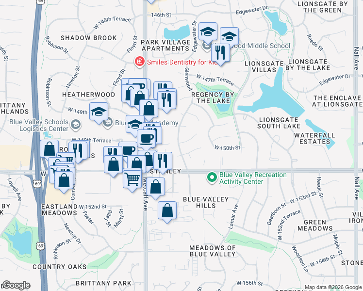 map of restaurants, bars, coffee shops, grocery stores, and more near 6702 West 150th Street in Overland Park