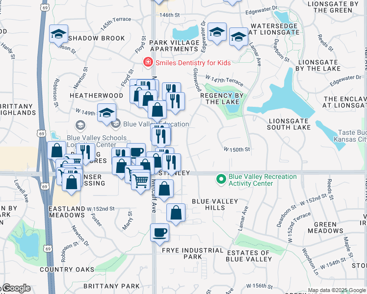 map of restaurants, bars, coffee shops, grocery stores, and more near 6702 West 150th Street in Overland Park