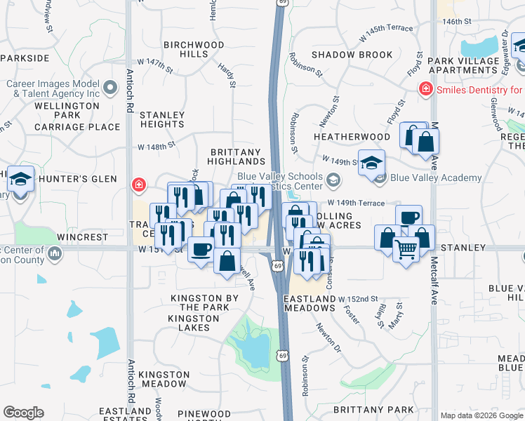map of restaurants, bars, coffee shops, grocery stores, and more near 7908 West 151st Street in Overland Park