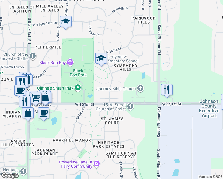 map of restaurants, bars, coffee shops, grocery stores, and more near 13931 West 150th Court in Olathe