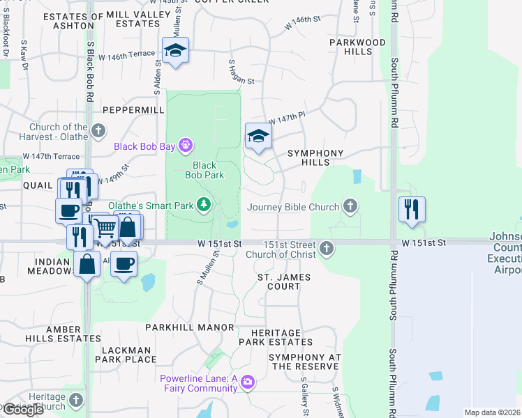 map of restaurants, bars, coffee shops, grocery stores, and more near 14173 West 150th Court in Olathe