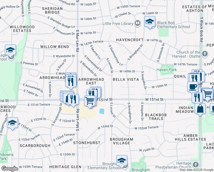 map of restaurants, bars, coffee shops, grocery stores, and more near 15004 South Locust Street in Olathe