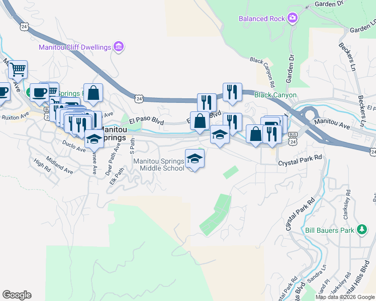 map of restaurants, bars, coffee shops, grocery stores, and more near 433 Bond Street in Manitou Springs