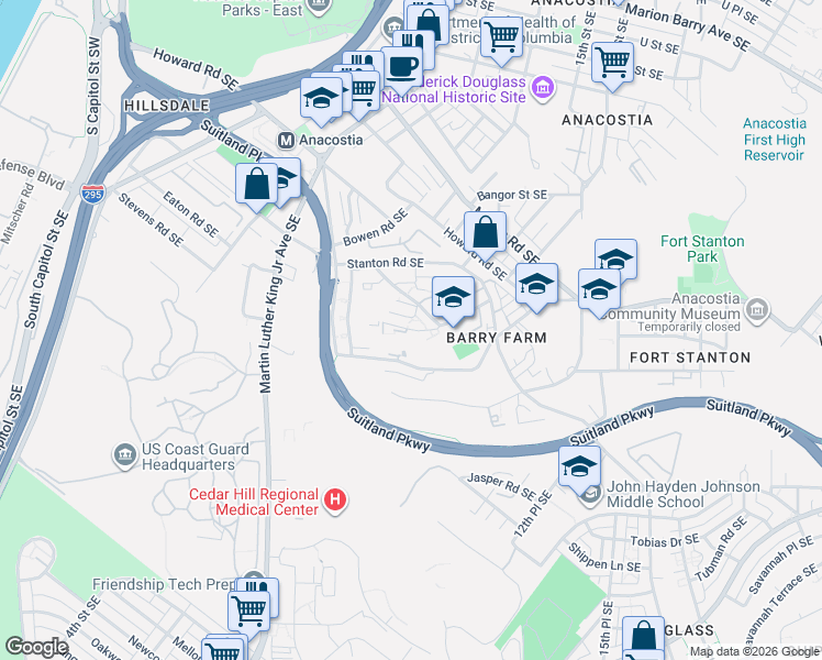map of restaurants, bars, coffee shops, grocery stores, and more near 2629 Douglass Place Southeast in Washington