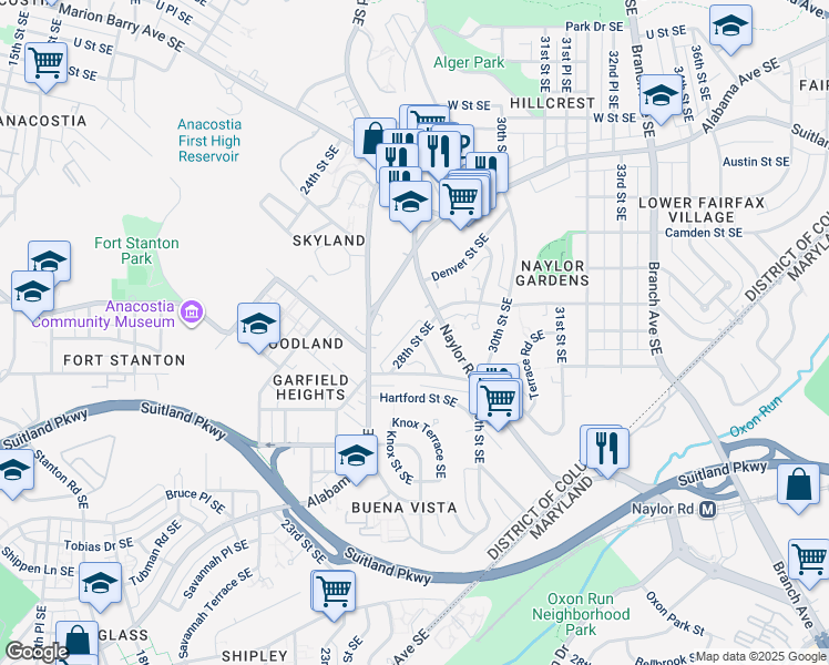map of restaurants, bars, coffee shops, grocery stores, and more near 2821 28th Street Southeast in Washington