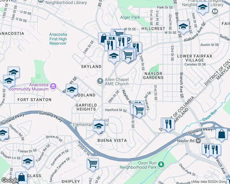map of restaurants, bars, coffee shops, grocery stores, and more near 2821 28th Street Southeast in Washington