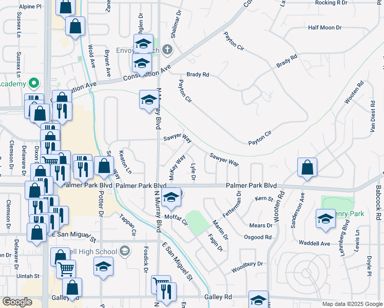 map of restaurants, bars, coffee shops, grocery stores, and more near 1611 Lyle Drive in Colorado Springs
