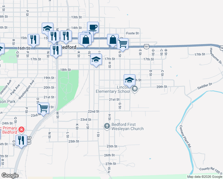 map of restaurants, bars, coffee shops, grocery stores, and more near 2016 H Street in Bedford